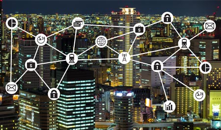 A network graphic over a cityscape
