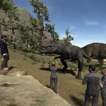 student avatars with computer-generated dinosaurs