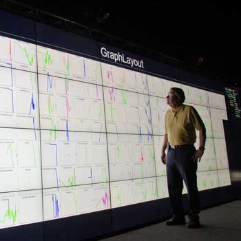 man looking at wall of screens displaying data